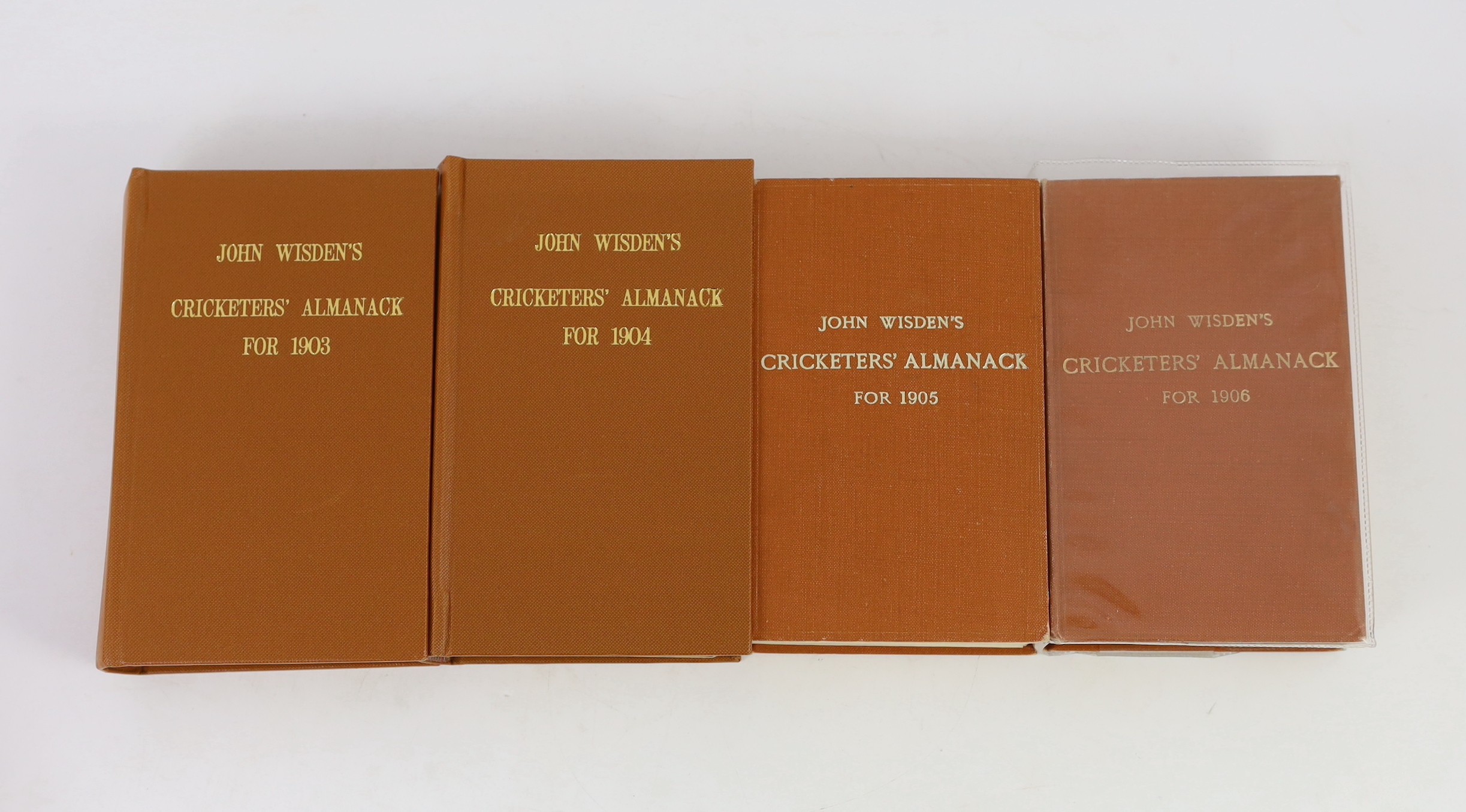 Wisden, John - Cricketers’ Almanack for the years, 1900 (37th edition) - 1906 (43rd edition), all rebound brown cloth gilt, and retaining original paper wrappers, loss to bottom left front wrapper to 40th edition of 1903